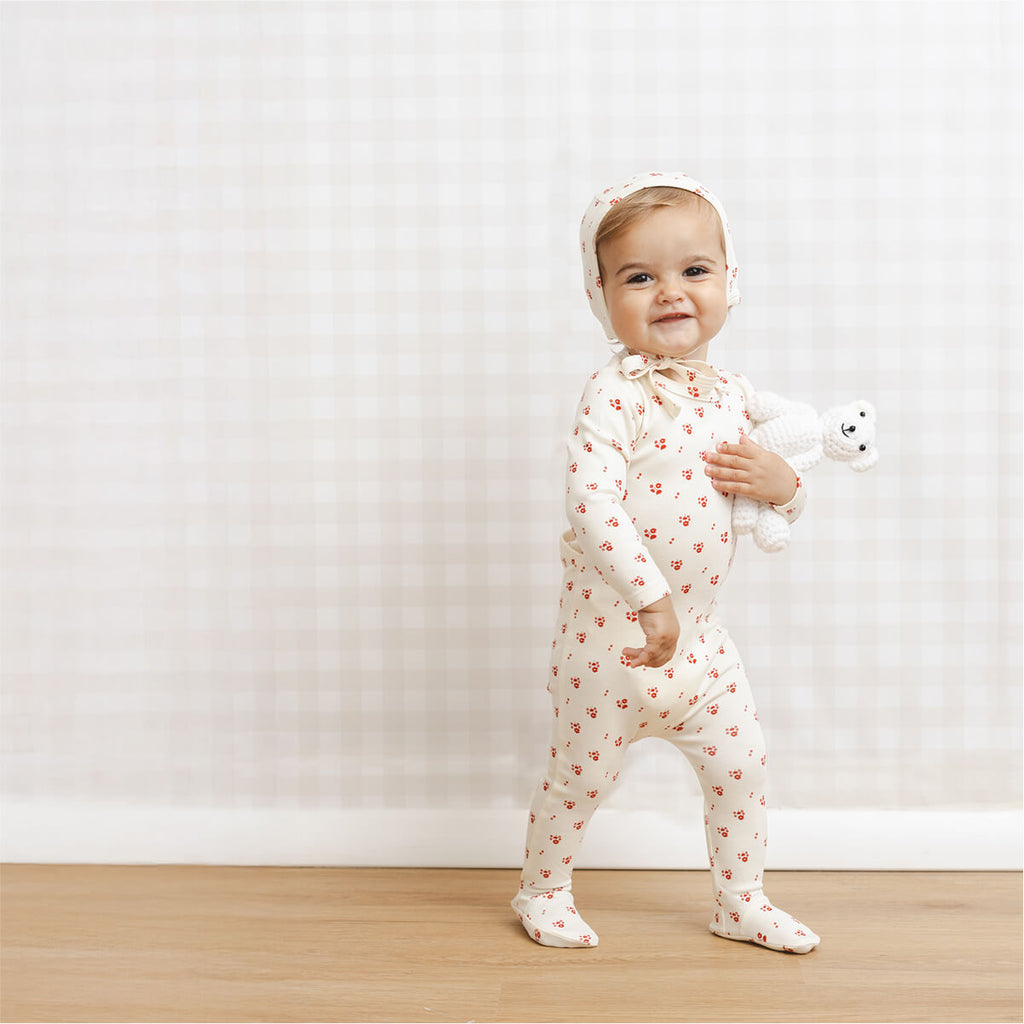 Printed Florals Footie + Hat - Red