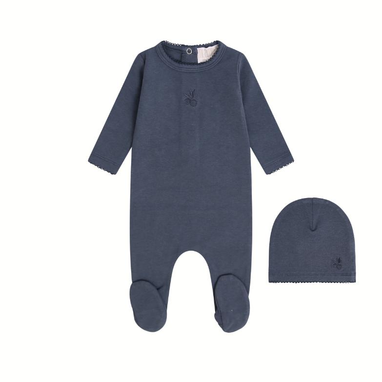 Berry Sweet Embroidered Footie + Hat - Blue