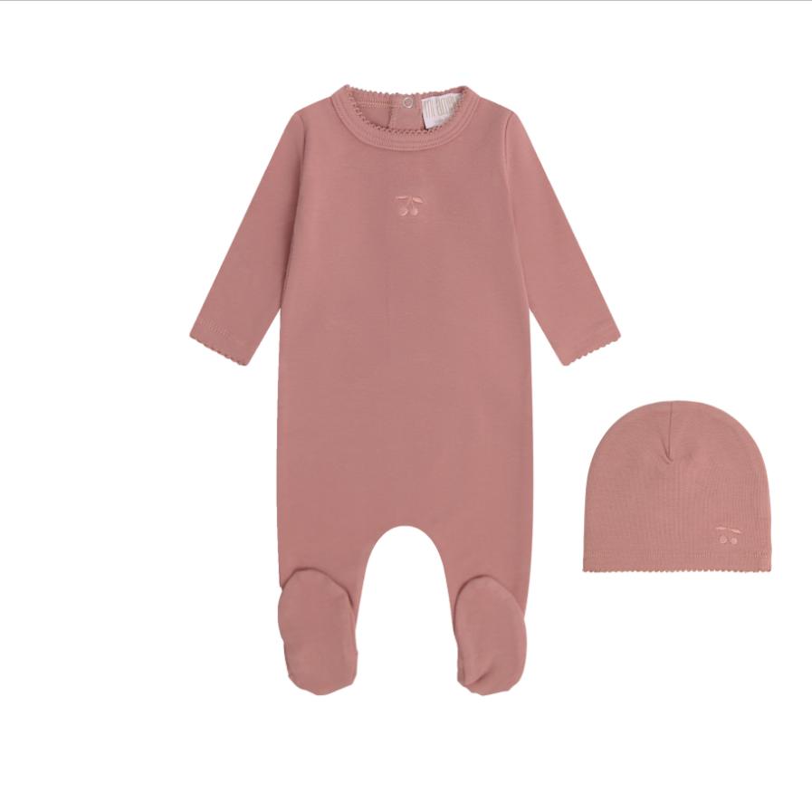 Berry Sweet Embroidered Footie + Hat - Pink