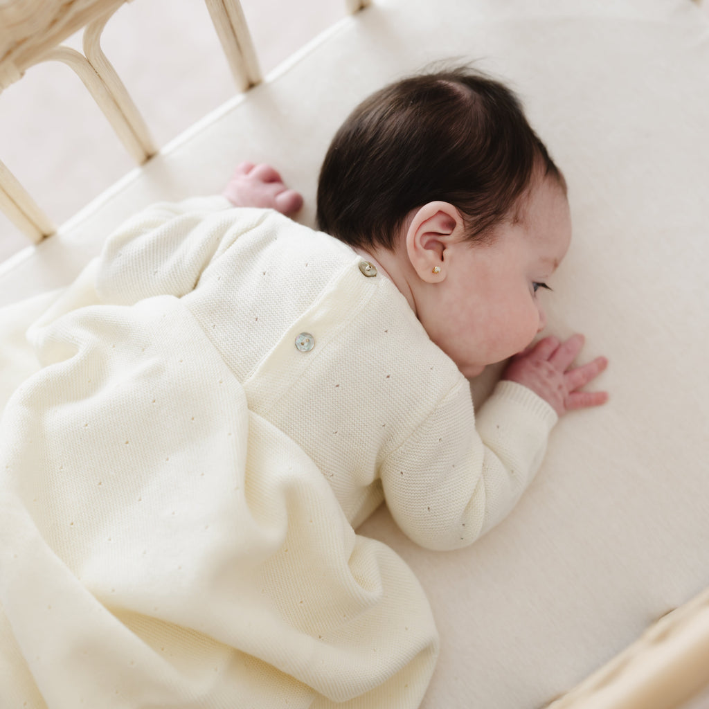 Elegant Eyelet Knit Footie + Hat - Cream