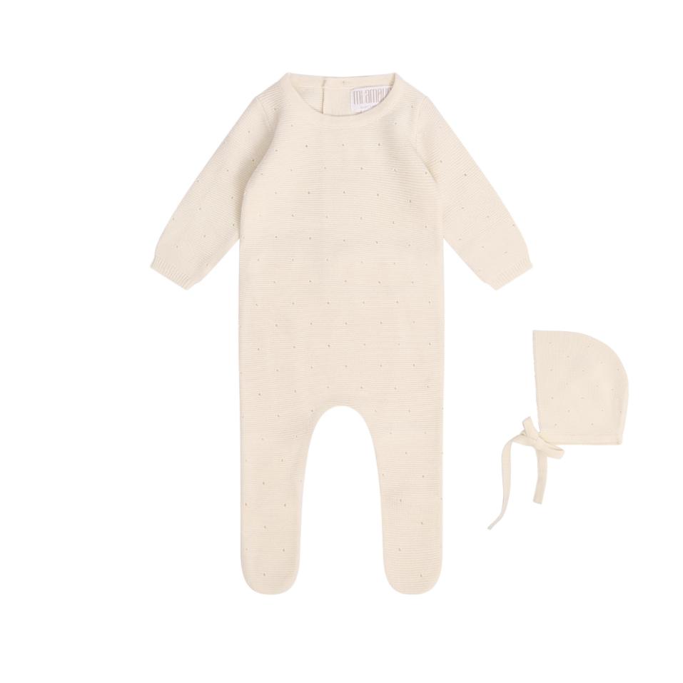Elegant Eyelet Knit Footie + Hat - Cream