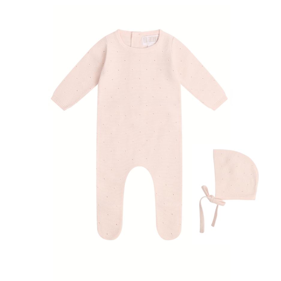 Elegant Eyelet Knit Footie + Hat - Pink