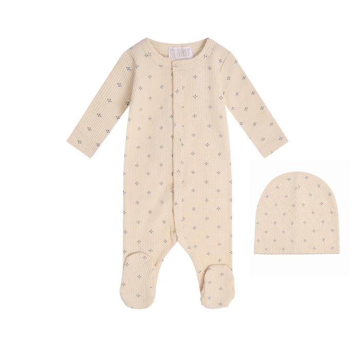 Printed Waffle Snap Front Footie + Hat - Blue