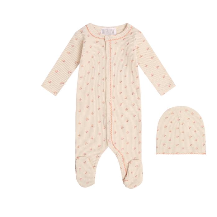 Printed Waffle Snap Front Footie + Hat - Pink