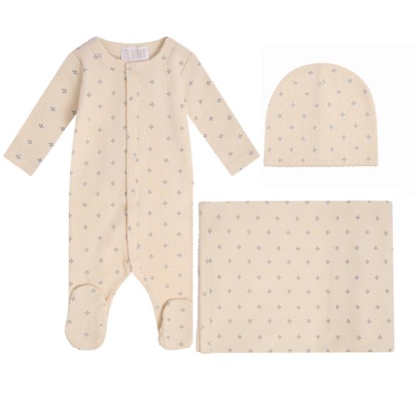 Printed Waffle Snap Front Set - Blue