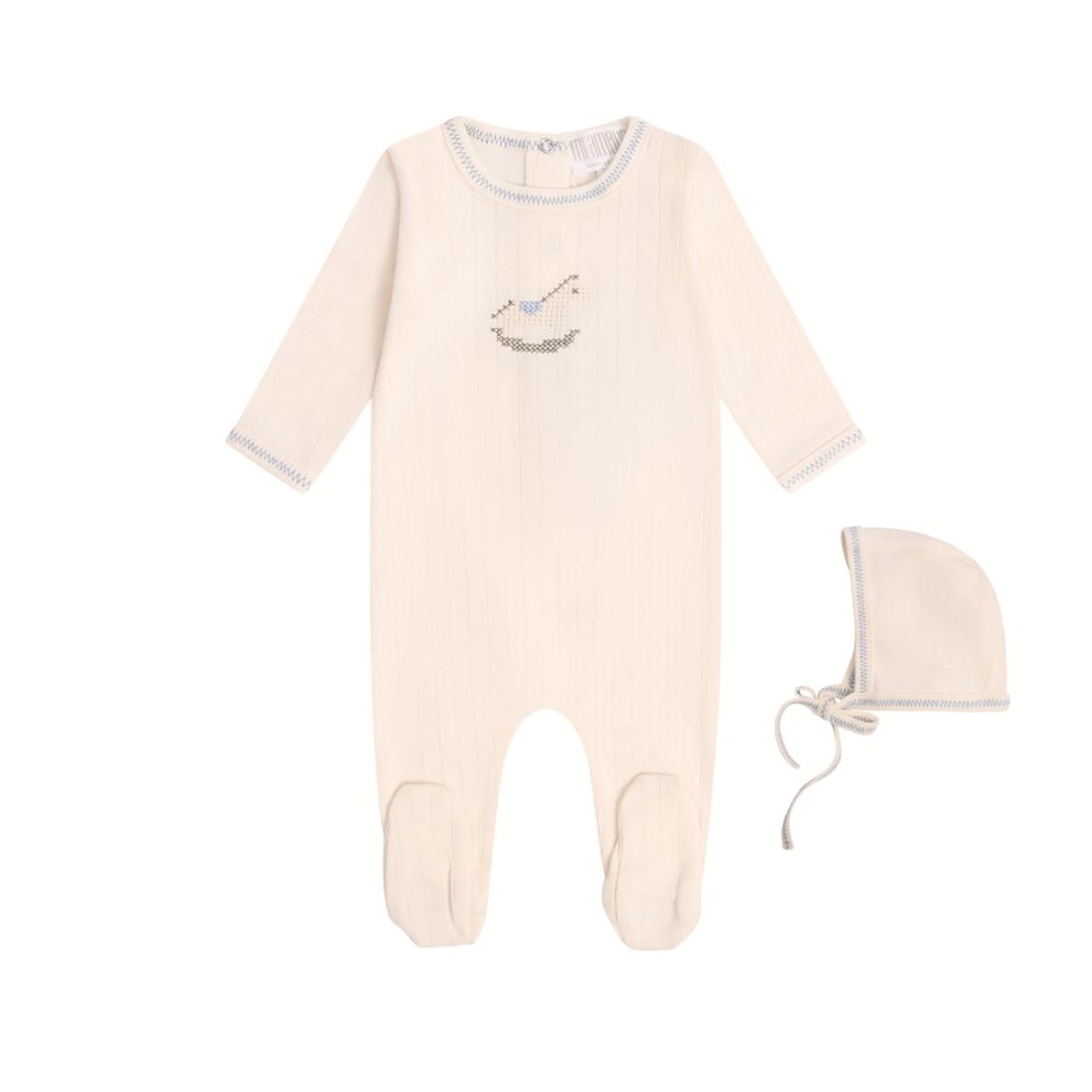 Rock-a-Bye Pointelle Footie + Hat - Cream/Blue