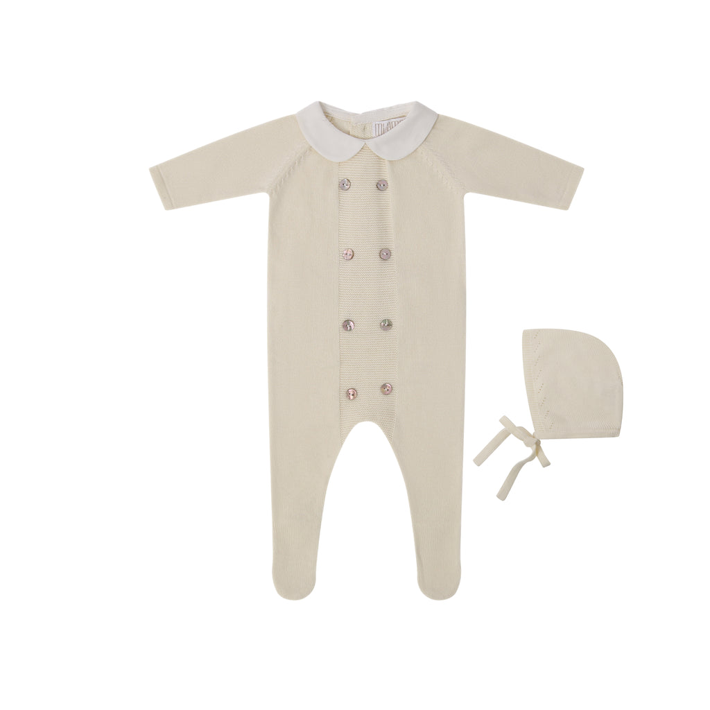 Peter Pan Knit Footie + Hat - Cream