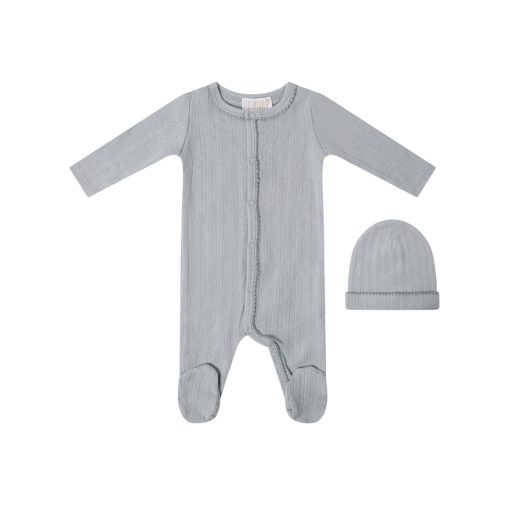 Scalloped Ribbed Footie + Hat - Blue