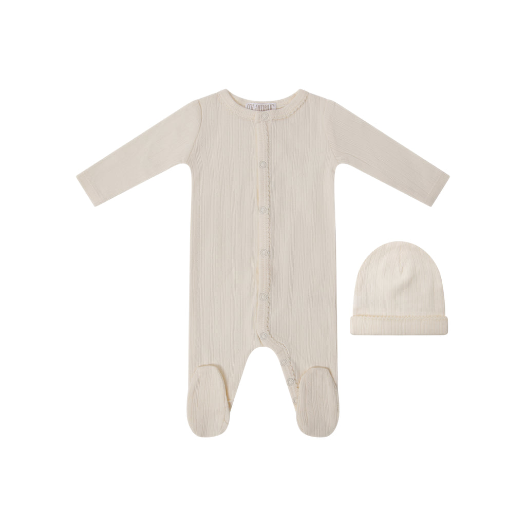Scalloped Ribbed Footie + Hat - Cream