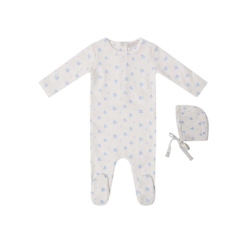 Printed Florals Footie + Hat - Blue