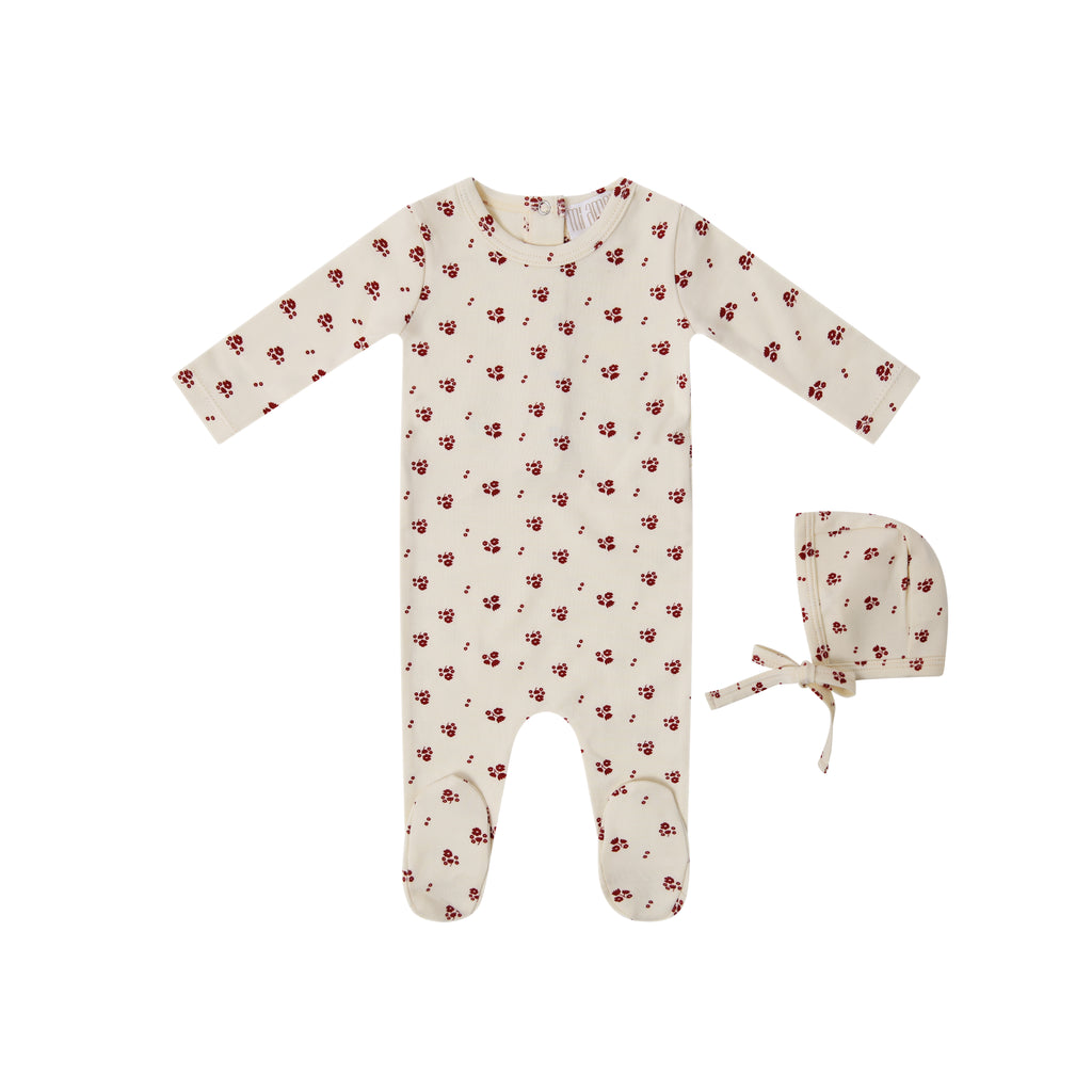 Printed Florals Footie + Hat - Red