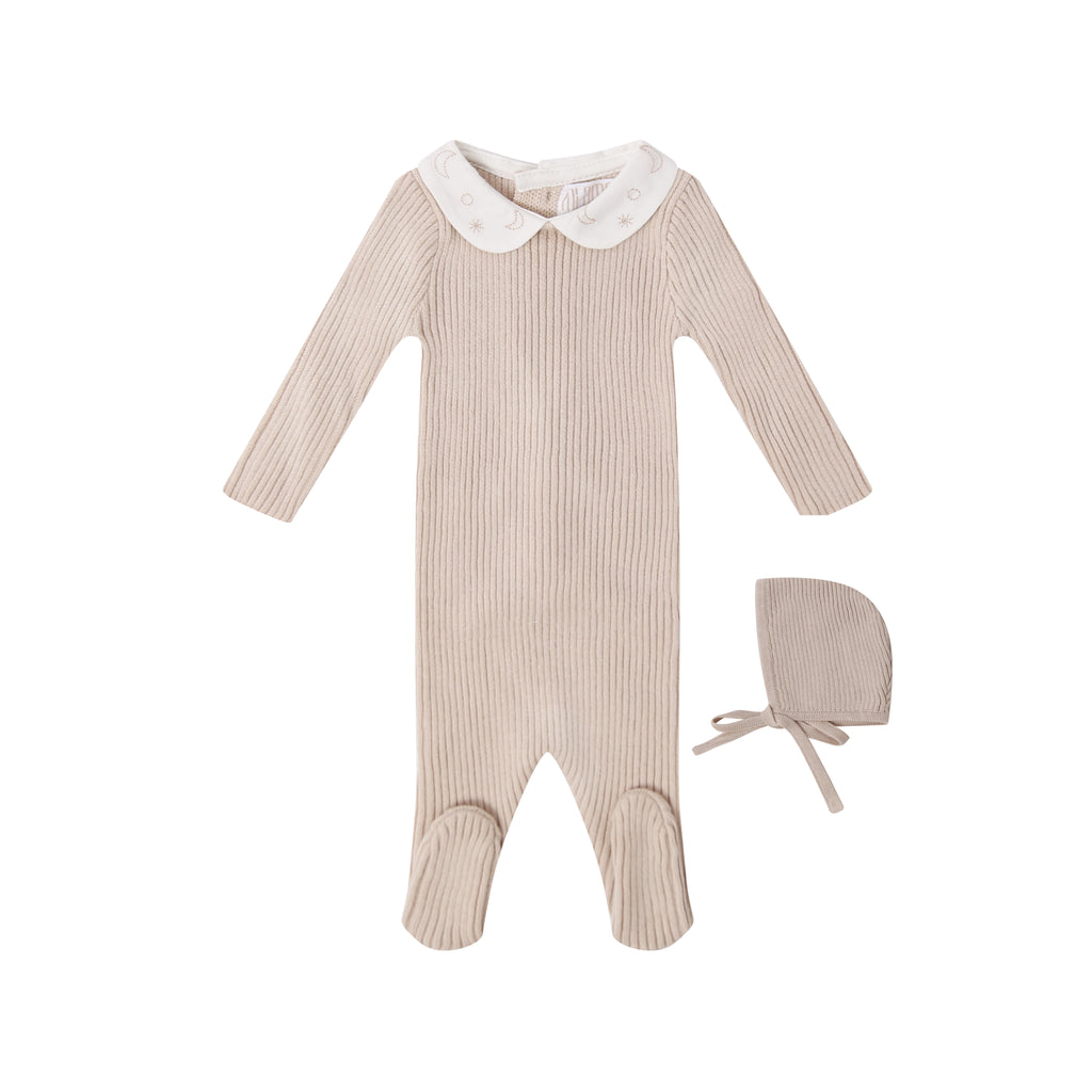 Collared Classic Footie + Hat - Oatmeal
