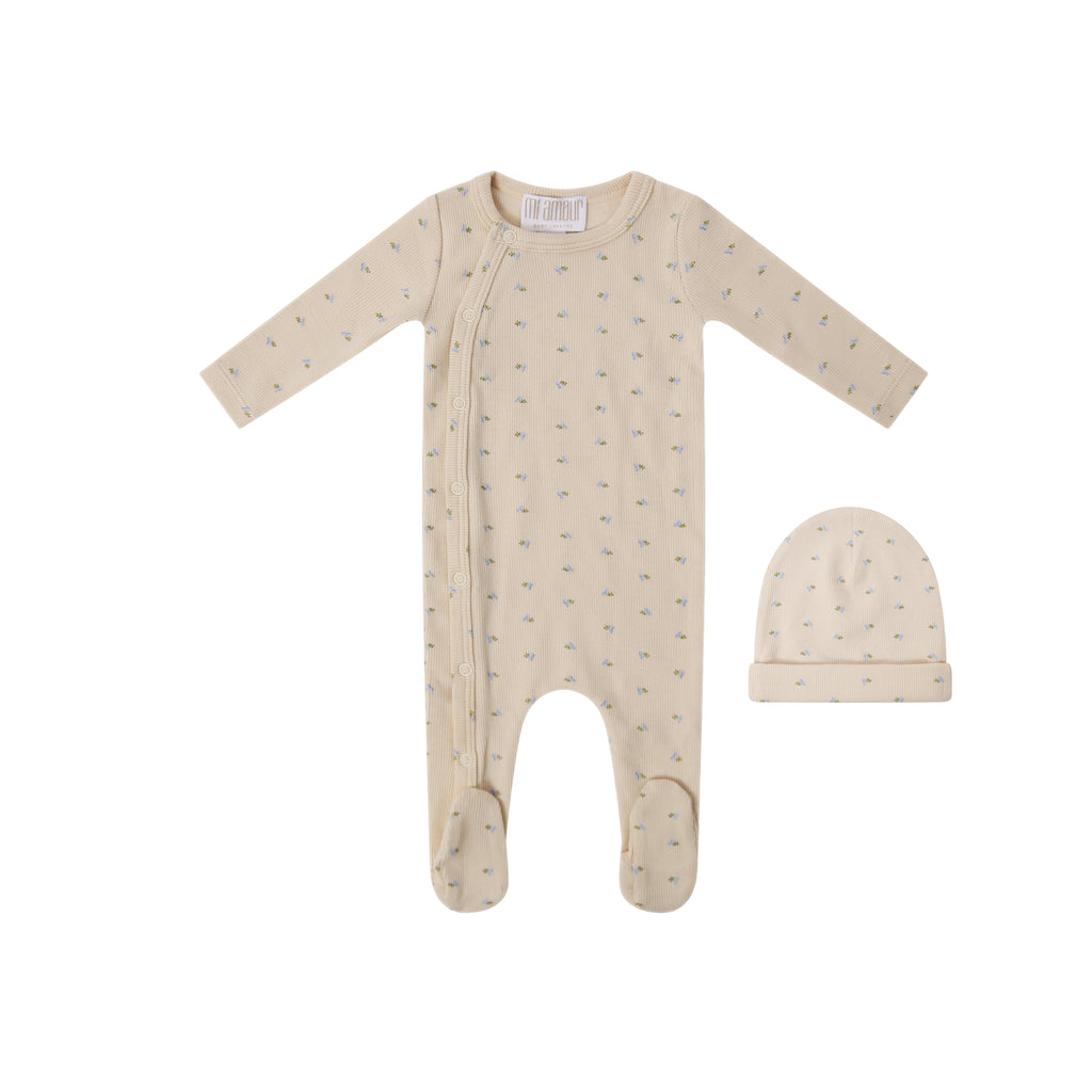 Little Petals Footie + Hat - Blue Floral