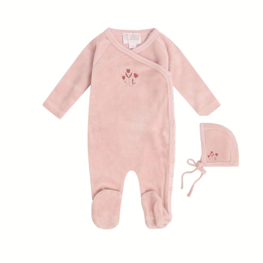 Simply Sweet Tulip Velour Footie + Hat - Pink