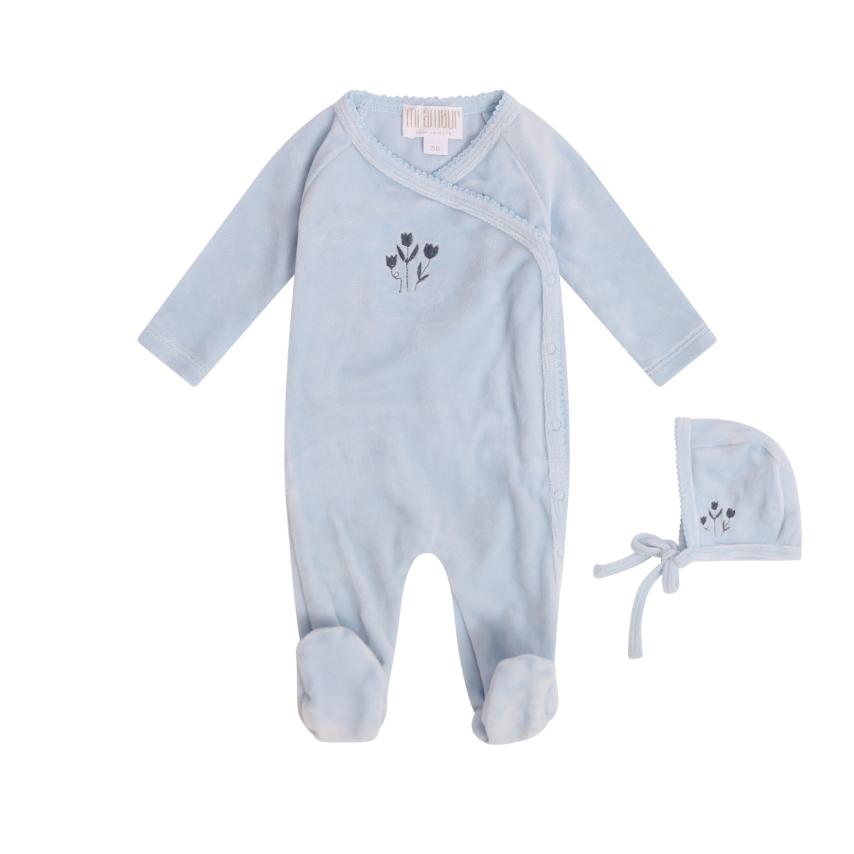 Simply Sweet Tulip Velour Footie + Hat - Blue